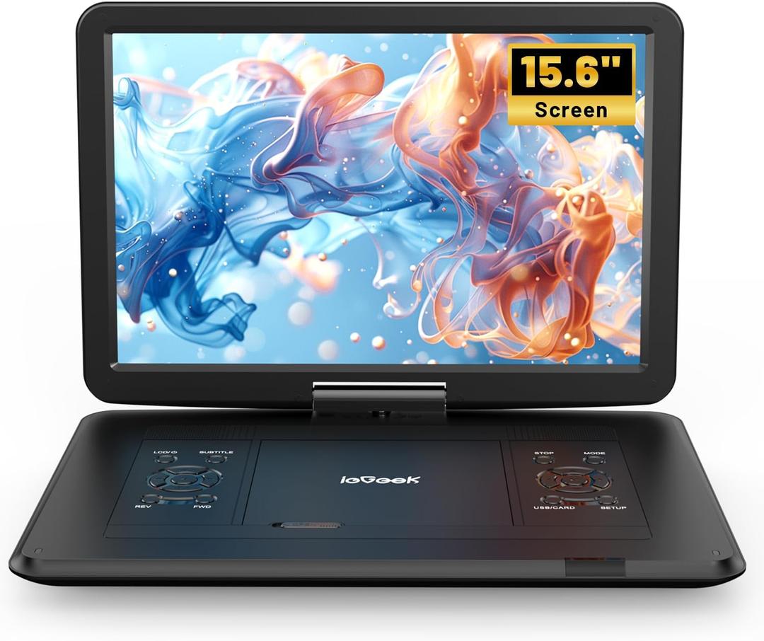 17.5" Portable DVD Player with 15.6" HD Swivel Screen for Kids & Elderly, Region Free CD/DVD Multimedia Player for Car Travel Home Theater, 6 Hrs Battery, Dual Speakers, Support USB/SD/TV Sync, Black