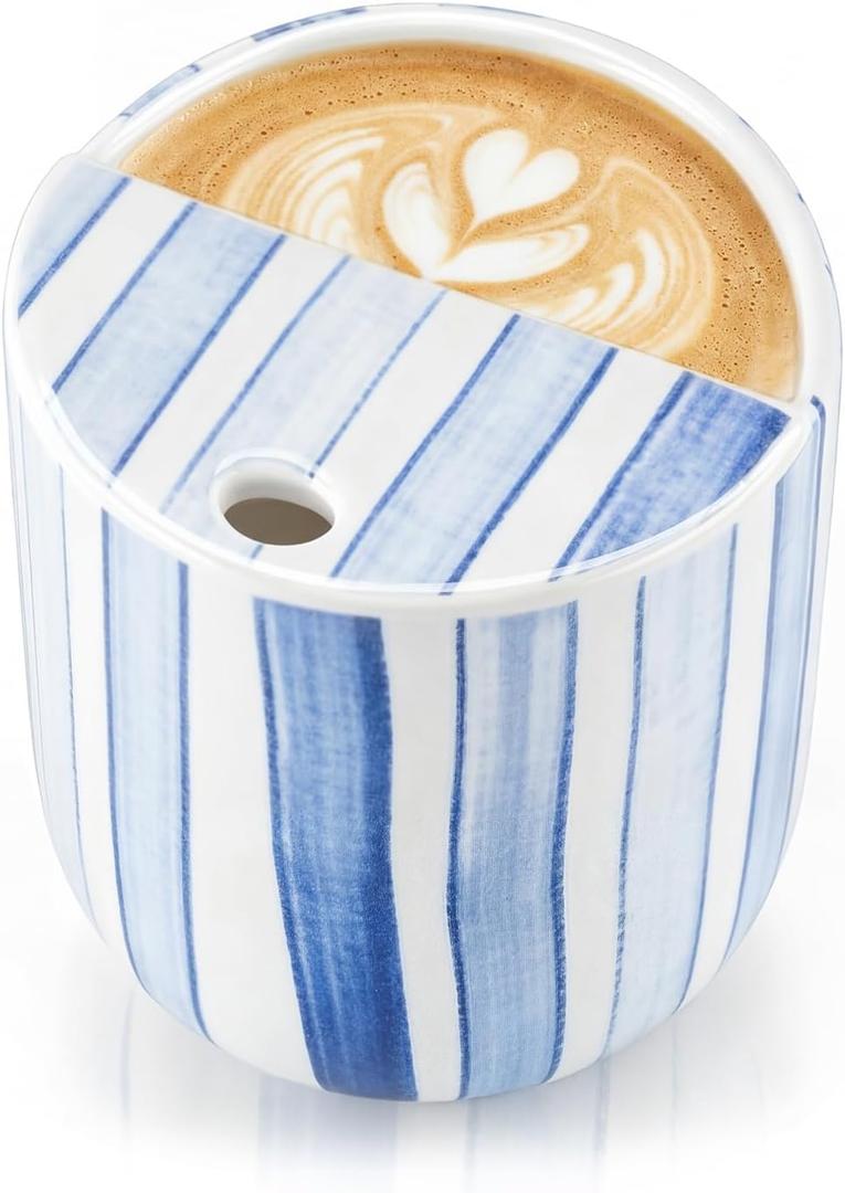 Ceramic Mug with Sip Hole 10 oz Novelty Blue Striped Coffee Mug Hand Painted Ceramic Cup Heat Resistant Non Slip Built in One Lid Handcraft Mugs for Coffee Lovers Appreciation Gift