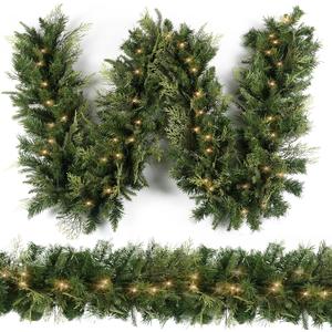 Christmas Garland with 50 Lights 9 Ft, Prelit Xnas Garland with Cypress Leaf, Battery Operated Christmas Decor for Mantle Staircase Indoor and Outdoor (Tips-A-Plug-in)