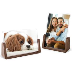 Mixoo 4x6 Picture Frame 2 Pack - Rustic Wooden Picture Frames with Walnut Wood Base and High Definition Break Free Acrylic Photo Covers for Tabletop or Desktop Display (Horizontal + Vertical)