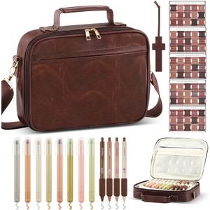 Bible Cover Case for Men, Large Leather Bag with Study Supplies, Journaling Kit Book Carrying Case with Highlighters Pens, Gel Pens, and Bible Tabs, Leather Bookmarks for Christian Chirstmas Gifts
