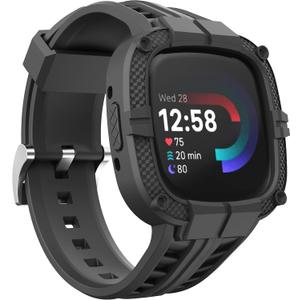GELISHI Compatible for Fitbit Versa 4/ Fitbit Sense 2 Bands Men, Rugged Protective Case with TPU Sport Band Smartwatch Wristband Black