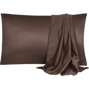 uxcell 2 Pack Silk Satin Pillowcase for Hair and Skin, Cool, Silky, Soft Breathable Pillow Cases Travel Size 14x20 Inch Sateen Pillowcase Brown with Envelope Closure