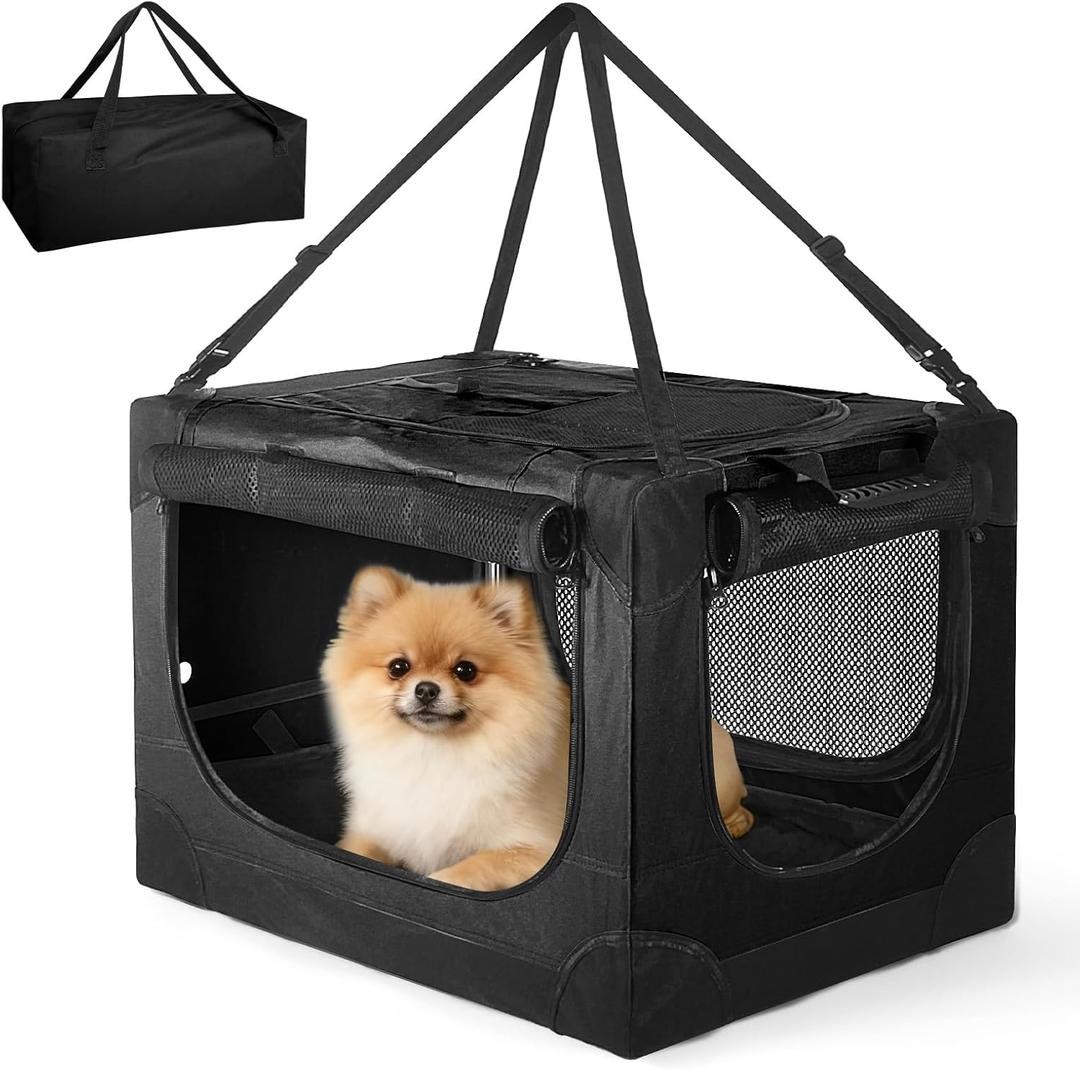 24 inch Small Dog Crate - for Small Dogs, Portable Travel Pet Crate with 4 Mesh Doors, Foldable Car Kennel for Puppy with Handle for Indoor and Outdoor, Black