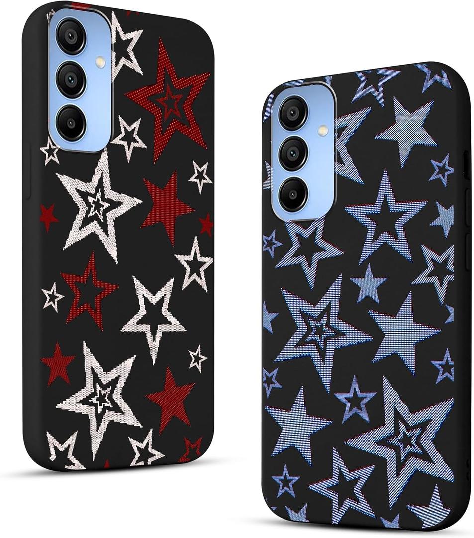 2 Pack Cute Star Phone Case for Samsung Galaxy A15 5G 6.5",Cool Aesthetic Y2K Cases Y3K Blue Stars Design Cover for Women Girls Teens,Black Silicone Shockproof Protective Funda for Samsung A15 5G