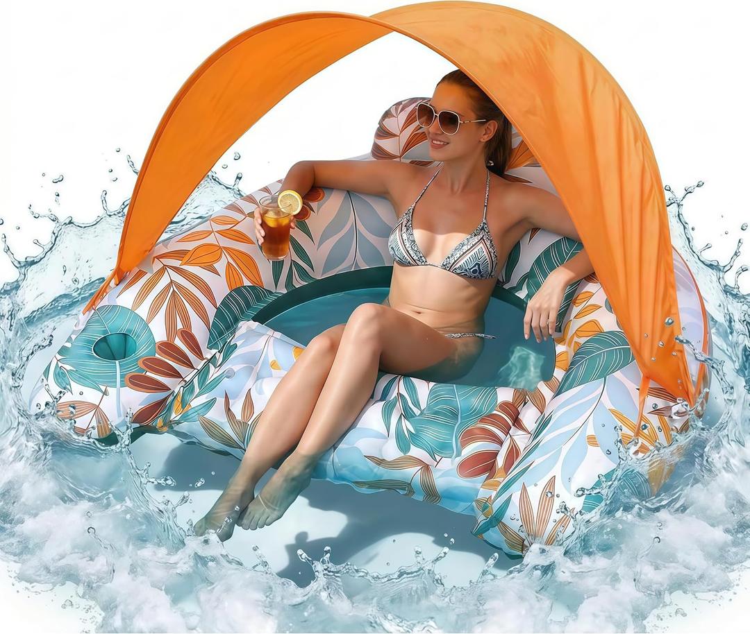 IISVGE Inflatable Pool Float with Canopy for Adults, PVC Pool Lounge Chair with Sun Shade, Backrest, Armrests and Cup Holder, Portable Adult Pool Float for Swimming Pool, Lake, Beach, Summer Vacation