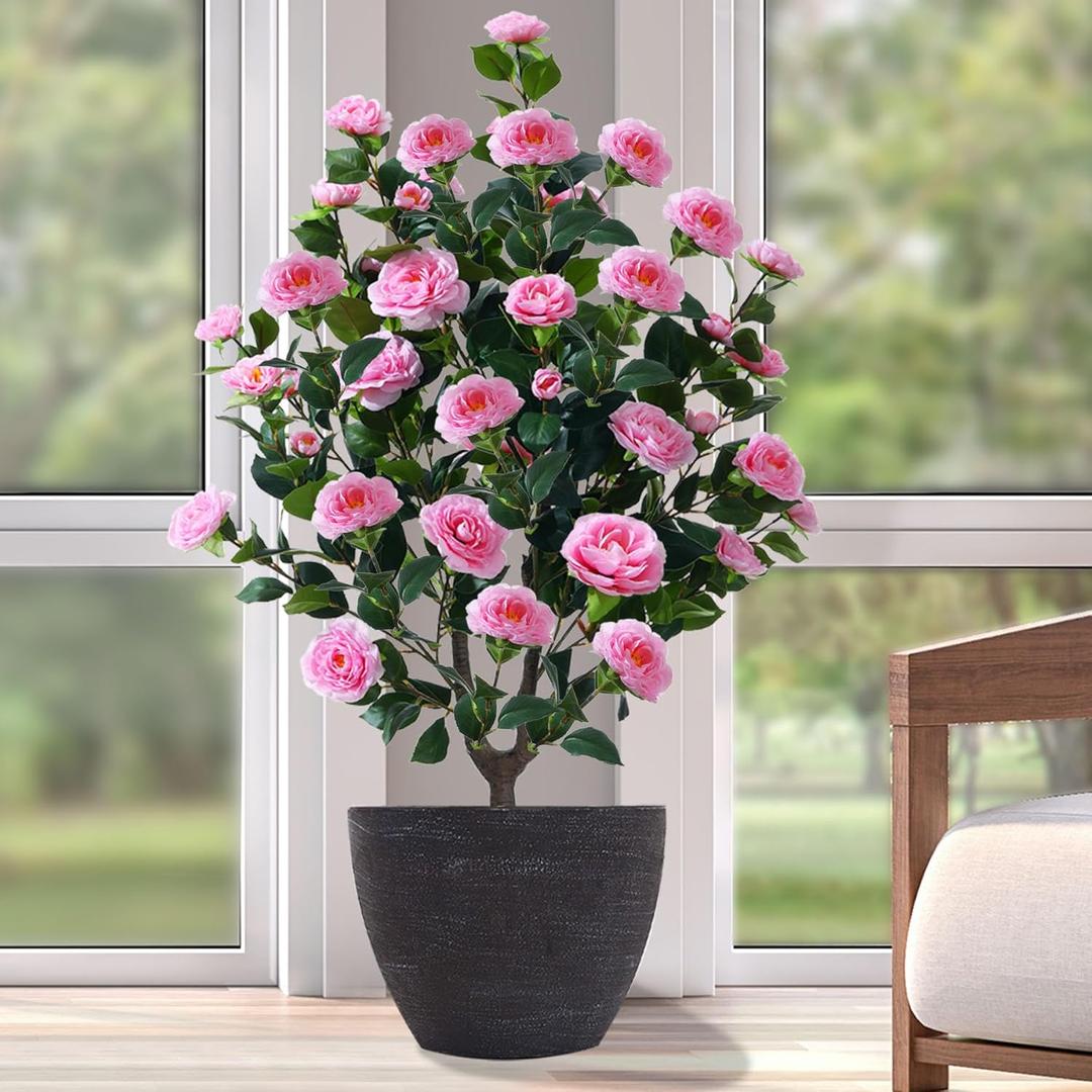 38" Tall Artificial Camellia Tree Faux Plants Outdoor Indoor Fake Trees Potted Bushes Artificial Decor Plant with 32 Pink Flowers Decorations Arboles Artificiales para Decoracion