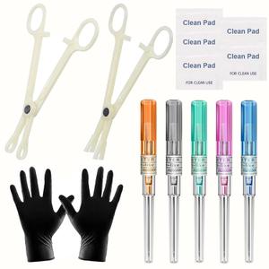 Piercing Kit - 14PCS Includeds 5PCS Mixed 14G 16G 18G 20G 22G Catheter Piercing 2PCS Piercing Clamps 5Pcs Clean Tools 2 Gloves Belly Ear Nose Piercing Kit Piercing Supplies (Red, Grey, Green, Pink, Blue)