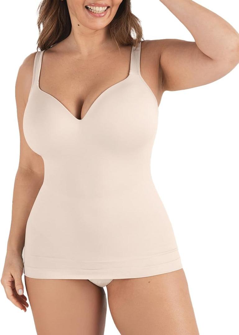 SHAPERMINT Sweetheart Cami with Built-In Bra for Women, Wireless Camisole Tank Top, Tummy Shapewear (Beige, M)