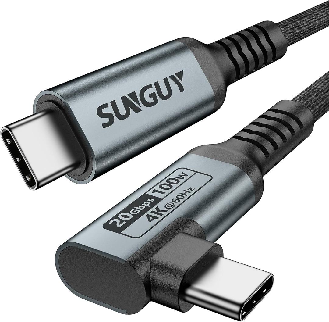 SUNGUY 20Gbps USB C Data Cable 2FT, 100W Right Angle USB C 3.2 Gen 2 Cable, 4K 60Hz USBC to USBC Monitor/Video/Display Output Cord for iPhone 16 15 Pro Max, MacBook, Galaxy S24/S23, External SSD (Grey)