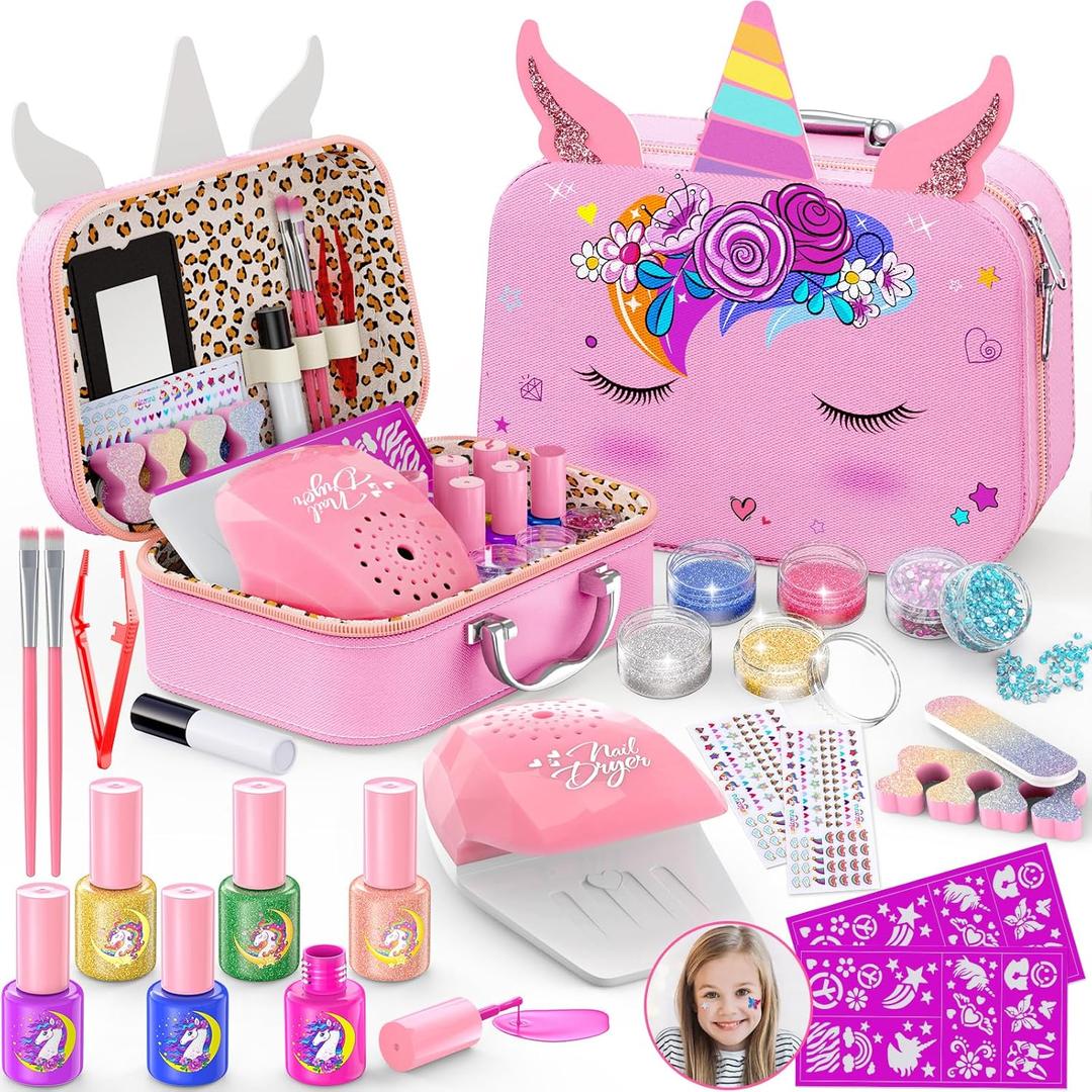 Kids Nail Polish Set for Girls, Nail Art Kit with Nail Dryer & DIY Nail Stickers, Nail Kit Toys for Girls with Non-Toxic Nail Polish, Age 3-12 Little Girl Gift Toys- Pink