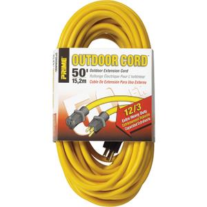 Prime Wire & Cable EC500830 Prime Extra Heavy-Duty, Single Outlet Extension Cord, 12/3 ga, 15 A, 125 V, 50 ft L, Yellow