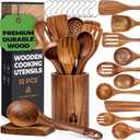Wooden Spoons for Cooking Wooden Cooking Utensils Set with Holder, Spoon Rest & Hooks, Teak Wood Nonstick Kitchen Cookware Durable Set of 12 Piece with Holder