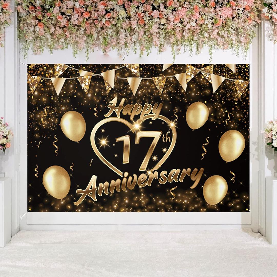 Happy 17th Anniversary Backdrop Banner Decor Black Gold  Glitter Love Heart Happy 17 Years Wedding Anniversary Party Theme Decorations for Women Men Supplies