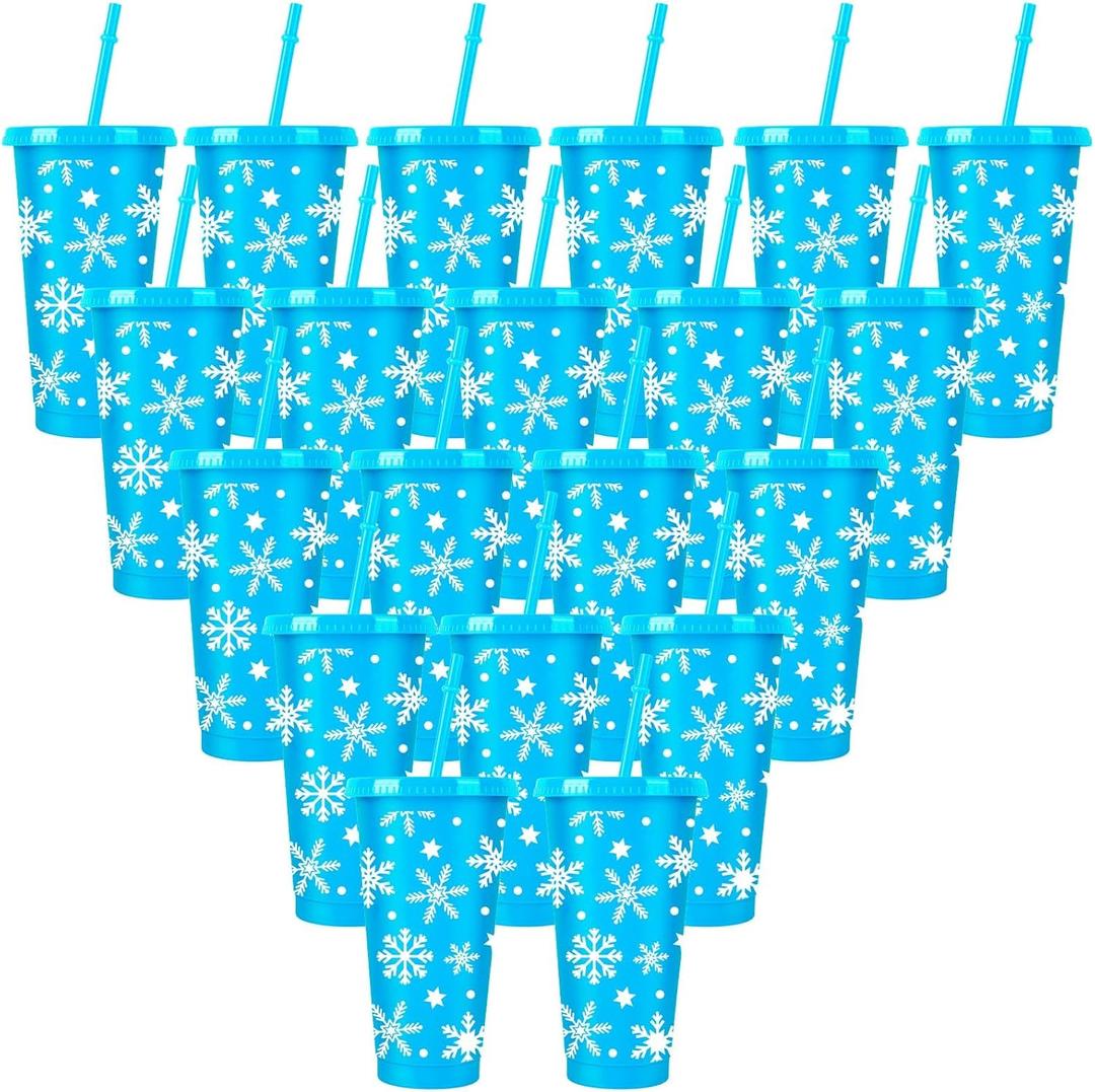20-Piece Plastic Drinking Cups with Lids and Straws - 24oz Reusable Hot & Cold Drinks Cups for Parties, Juice, Milk, Beer, Whiskey - Christmas & Birthday Gift, Blue