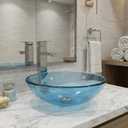 Bathroom Vessel Sink, Tempered Glass Vanity Round Bowl, Clear Blue, 16.5 x 5.5 inches