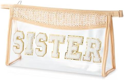 2 Pack CY2SIDE Straw STSTER Clear Makeup Bag - Small Boho Straw Travel Beach Bag with Handle PVC Zipper Clear for Toiletries Waterproof Portable Trendy Organizer Cosmetic Pouch Gift for Sister&Women, 