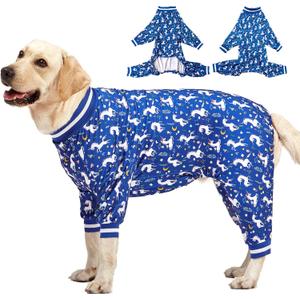 LovinPet Large Dog PJS Clothes: Wound Care/Post Surgery Mastiff Shirt, Lightweight Stretchy Knit Dog Pajamas, Mermaids & Unicorns Blue and White Print, Mastiff Pajamas, Pet PJ's /3XL