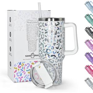 sweet grain 40 oz Tumbler with Handle and Straw, Stainless Steel White Leopard Print Tumbler and Straw Lid, Double Vacuum Cheetah Cup, Keeps Drinks Cold Up to 24 Hours (Cream)