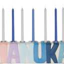 Chanukah Spell Out Pastel Menorah - Exciting & Colorful Multicolor Menorah! Hand Painted Ceramic Hanukkah Gifts Whimsical Design Jewish Holiday Party Favors Candle Holder Festival of Lights 11" L