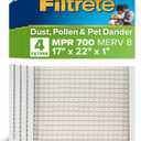 Filtrete 17x22x1 AC Furnace Air Filter, MPR 700, MERV 8, Tough on Pollen, Easy on Airflow, 3-Month Pleated 1-Inch Electrostatic Air Cleaning Filter, 4-Pack (Actual Size 16.69 x 21.69 x 0.81 in)