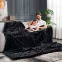 Cozy Bliss Faux Fur Throw Blanket for Couch, Fuzzy Soft Plush Thick Bubble Blanket for Sofa Bedroom Living Room, 90 * 90 Inches Black