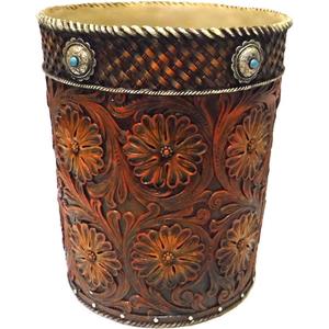 Western Tooled Saddle Leather-Look Wastebasket w/Flowers & Conchos