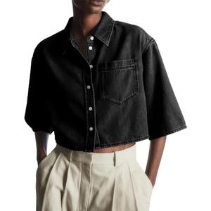 Tankaneo Womens Crop Denim Shirt Half Sleeve Button Down Short Jean Jacket with Pocket XL
