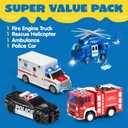 JOYIN 4 Packs Emergency Vehicle Toy Playsets, Friction Powered Vehicles with Light and Sound, Including Fire Truck, Ambulance, Play Police Car and Helicopter, Toddler Kids Boys Gifts