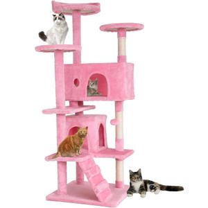 BestPet | 54" Cat Tree Tower | Pink | Sturdy, Easy to Assemble, Multi-Level Activity Center with Sisal Scratching Posts, Condos, Perches, Hanging Cat Toys, Observation Decks & Ladder