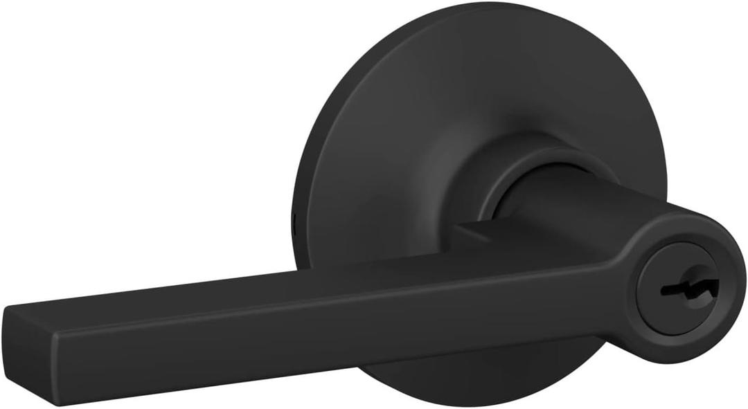 Straight Lever with Round Trim Keyed Entry Door Handle, Matte Black Finish