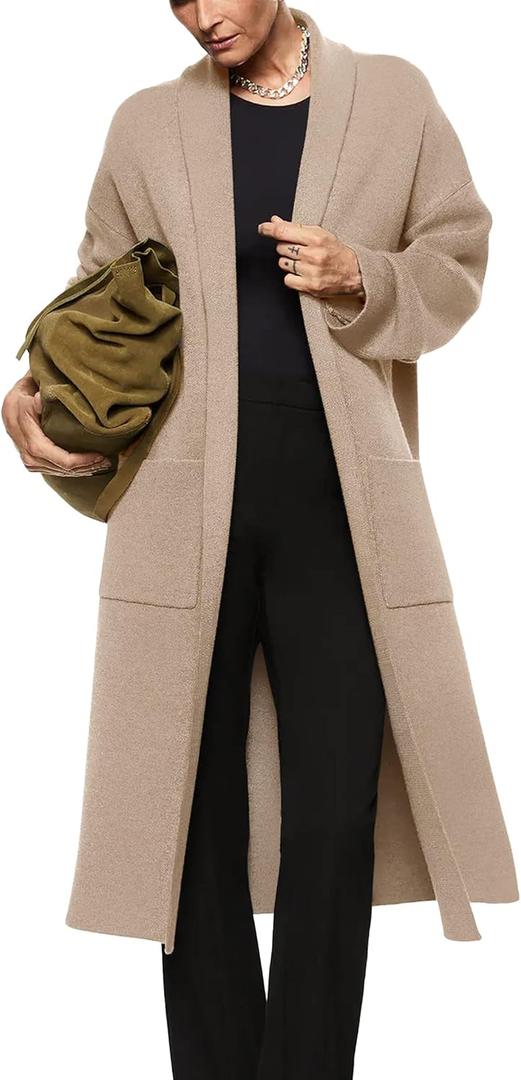Womens Long Sleeve Maxi Cardigan Open Front Oversized Knitted Sweater Coat Casual Lapel Warm Overcoat with Pockets (Medium, Beige)