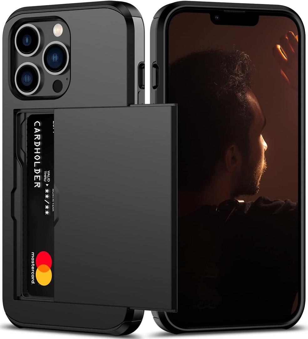 Nvollnoe for iPhone 13 Pro Case with Card Holder Heavy Duty Protective Dual Layer Shockproof Hidden Card Slot Slim Wallet Case for iPhone 13 Pro for Men&Women(Black) (Black-Standard Storage)