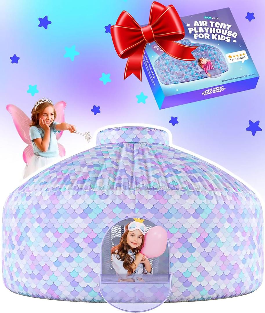 Skywin Mermaid Magic Fort Air Tent for Kids with Door (77 x 50) Builds in 30 Seconds, Toddler Tents Indoor for Imaginative Play, Kids Forts Indoor Playhouse, Christmas/Birthday Gift (Fan Not Incl)