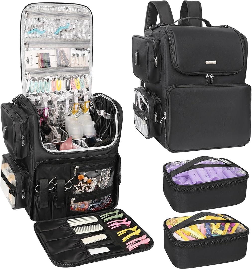 Relavel Hair Tools Travel Bag Hair Stylist Backpack Hairdresser Cosmetology Bag, Heat Insulation Full Layer for Curling Iron, Hair Straightener, Travel Accessories Train Case Barber Organizer, Black