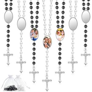 Taiyin Sublimation Blanks Rosary Beads Necklace Set Catholic Rosaries Printable Insert Necklace Prayer Beads with Sheer Organza Bags for Baptism Women Men Jewelry Gifts DIY Making(12 Set)