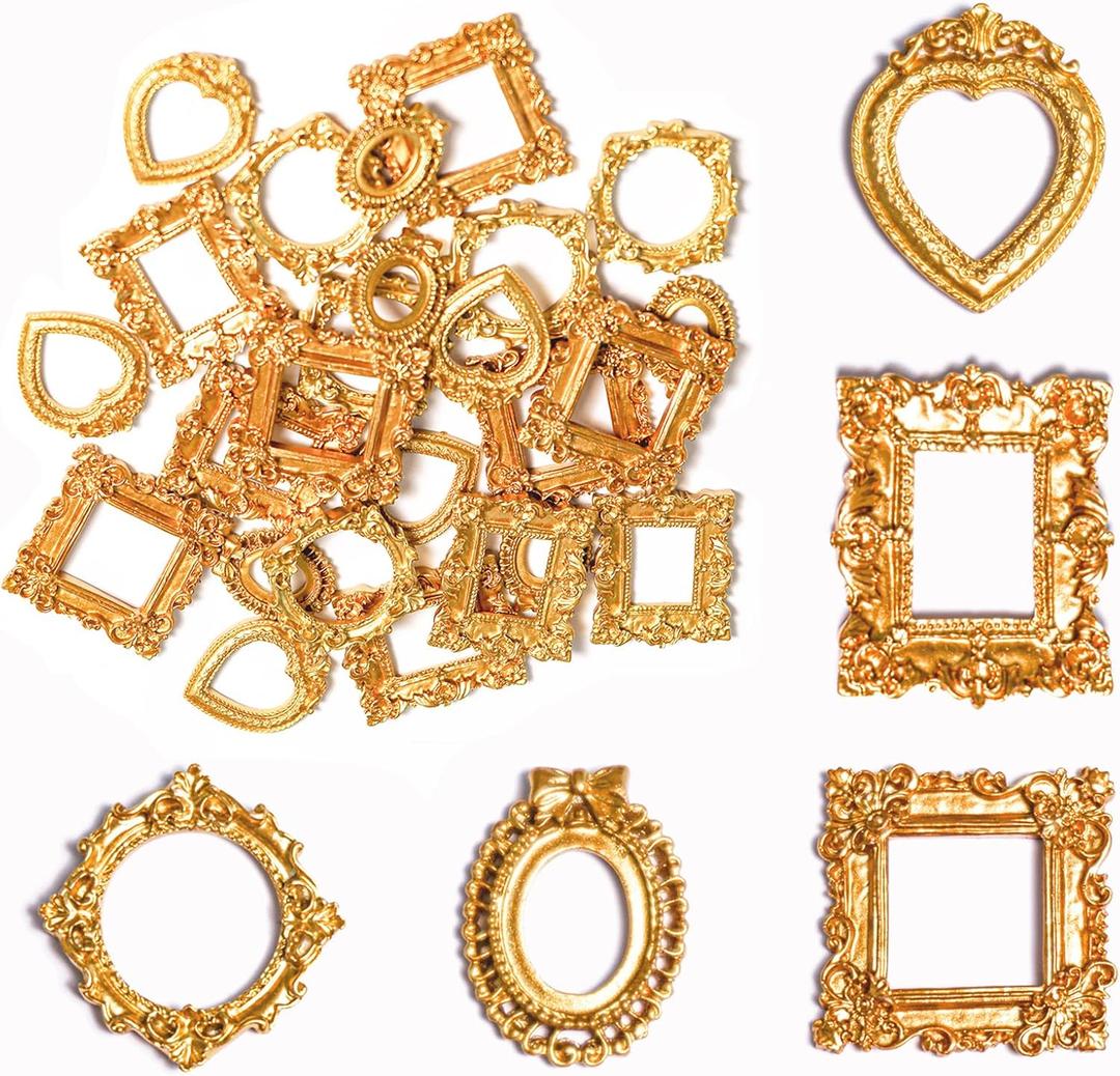 25Pcs Vintage Resin Picture Frame Mini Antique Photo Frame DIY Small Picture Frames Mini Vintage Frame Antique Photo Frames for Jewelry Display Photography Wall Decor (25, Gold)