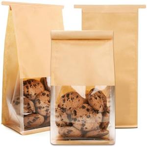 60 Pcs Small Bakery Bags with Window, 3.8x4.7x11.2 Inches Ties Lock Cookie Packaging Bag Resealable Paper Treat Bags for Homemade Breads, Popcorn, Candies,Treats, Snacks, Baked Goods Packaging