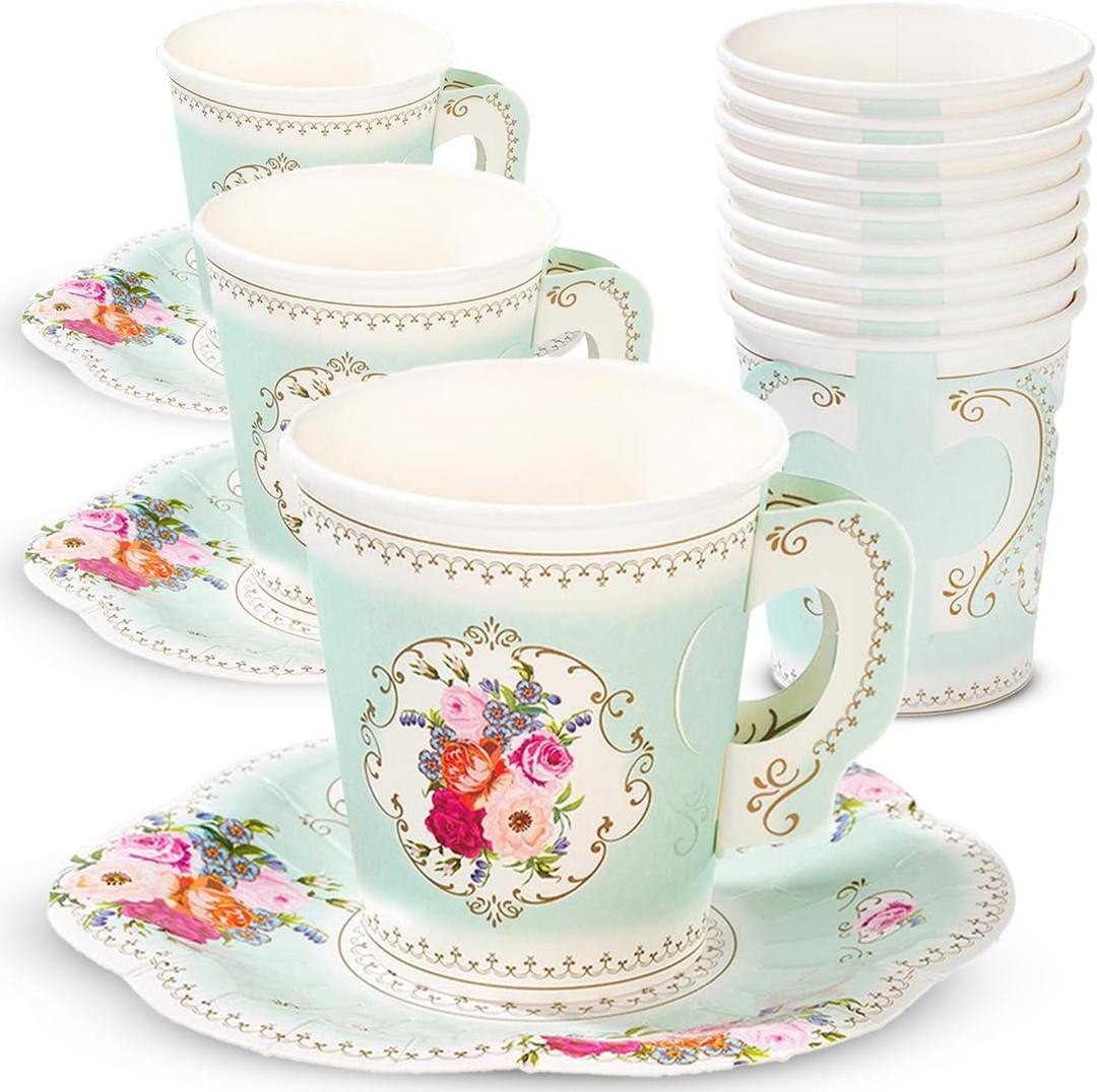 Talking Tables TS6-CUPSET Disposable Truly Scrumptious Party Vintage Floral Tea Cups and Saucer Sets, Mint Green (12Pack)