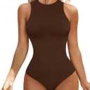 Women's Tummy Control Shapewear Bodysuit High Neck Seamless Body Shaper Sleeveless Racerback Thong Body Suit Tank (Medium-Large, Brown)