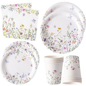 96PCS Wildflower Paper Plates and Napkins, Disposable Floral Plates for Bridal Shower, Garden Party, Wedding, Mother's Day, Spring Party, Baby Shower, Afternoon Tea Party