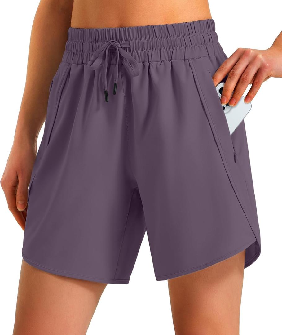 Ksmien Women's 5"/ 7" Athletic Running Shorts Quick Dry Lightweight Workout Gym Shorts with Zipper Pockets UPF 50+ (Purple, L)