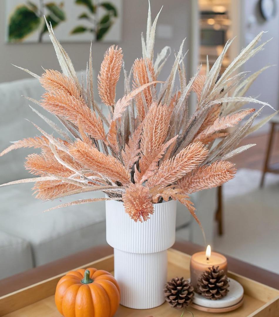 7 PCS Artificial Fall Stem Fake Plants, 26 in Fake Leaves Autumn Greenery Branches Orange Flowers Faux Foliage DIY Stems for Vase Thanksgiving Home Kitchen Office Indoor Centerpiece Table Decoration