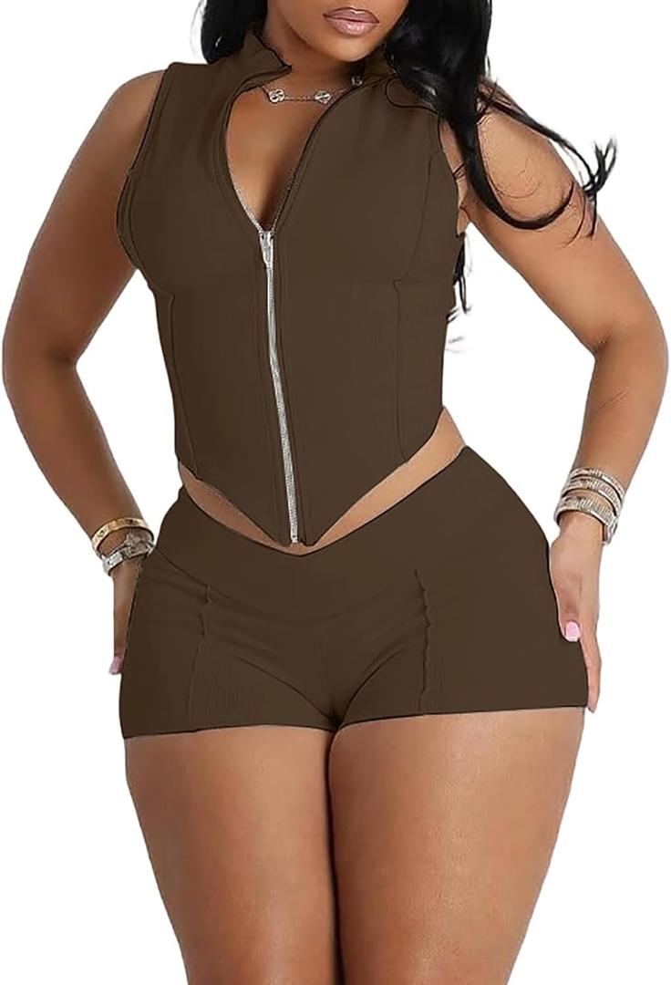 Ophestin 2 Piece Going Out Sets for Women Sexy Zip Up Crop Tank Top Bodycon Biker Shorts Set Club Gym Outfits (Large, Brown)