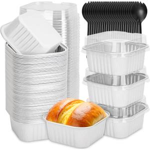 selizo 60 Pack 5oz Mini Square Disposable Cake Pans with Lids, Aluminum Foil Baking Cups, Individual Cake Containers with Lids for Parties and Gatherings (White)
