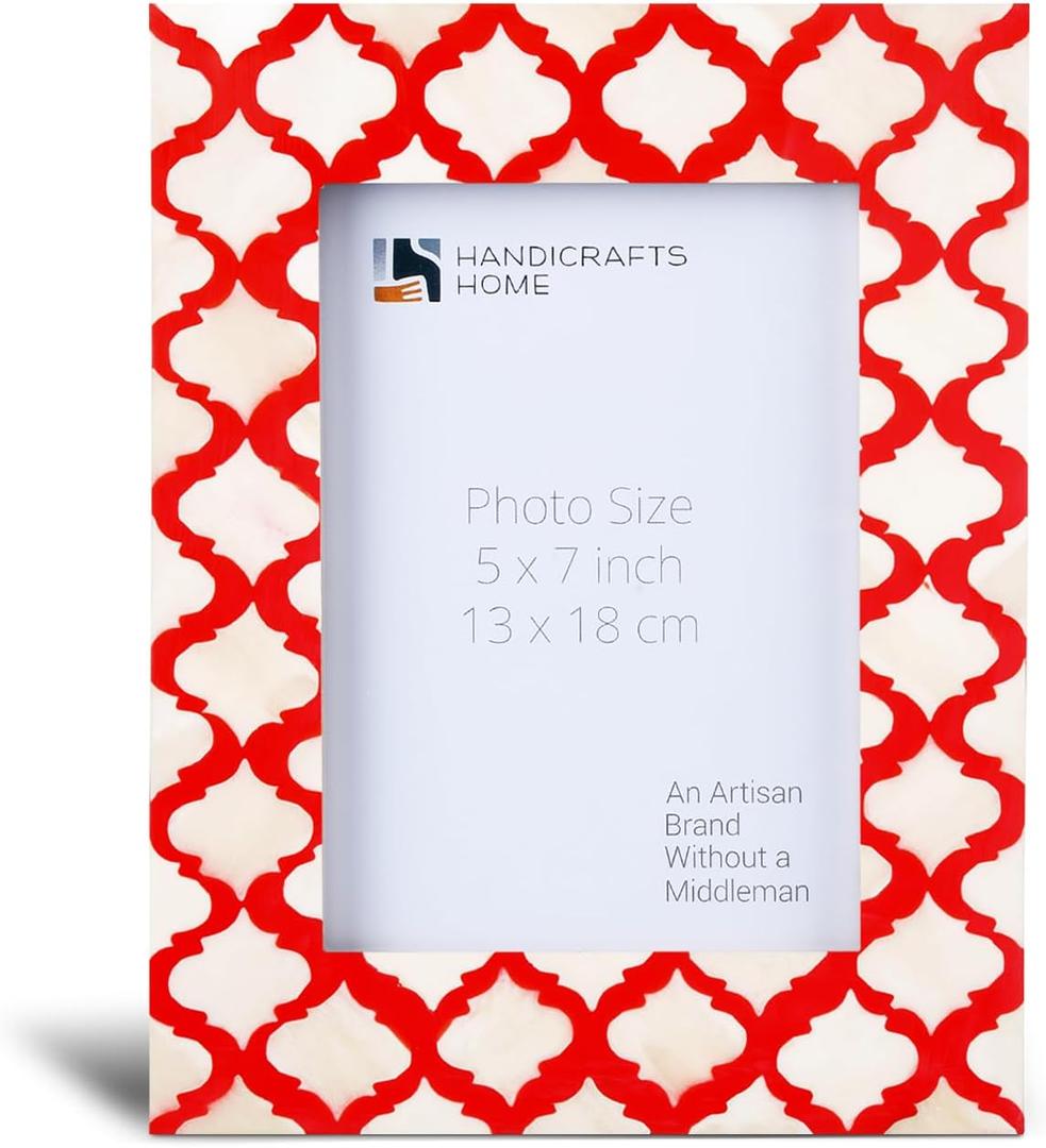 Handicrafts Home White & Red 5x7 Picture Frame, Handmade Bone Inlay Photo Frame for Wall & Tabletop Display, Moroccan Decorative Frame for Modern Farmhouse Boho Home Decor, Vintage Decor, Desk Shelf & Gallery Wall, Minimal Office Decor