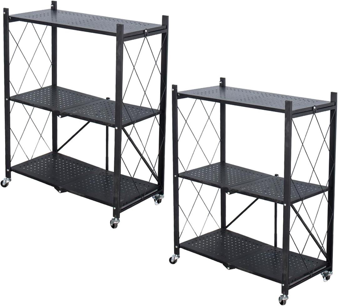 Life Hacks 2pcs 3-Tier Foldable Shelves for Storage, No Assembly Required, Folding Shelf Unit Pantry Shelves with Wheels, Metal Shelving Storage Rack Shelf for Kitchen Garage Home