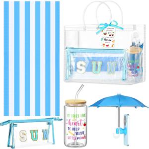 Remerry 6 Pcs Teacher Appreciation Gifts Summer End of School Year Teacher Beach Gifts Set Include Beach Towel Glass Cup Sun Makeup Bag Phone Umbrella Thank You Gift Bags Tags with Rope(Blue)