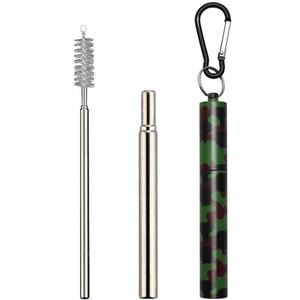 Reusable Collapsible Straw with Case & Brush Retractable Stainless Steel Metal Drinking Straws (Camouflage)