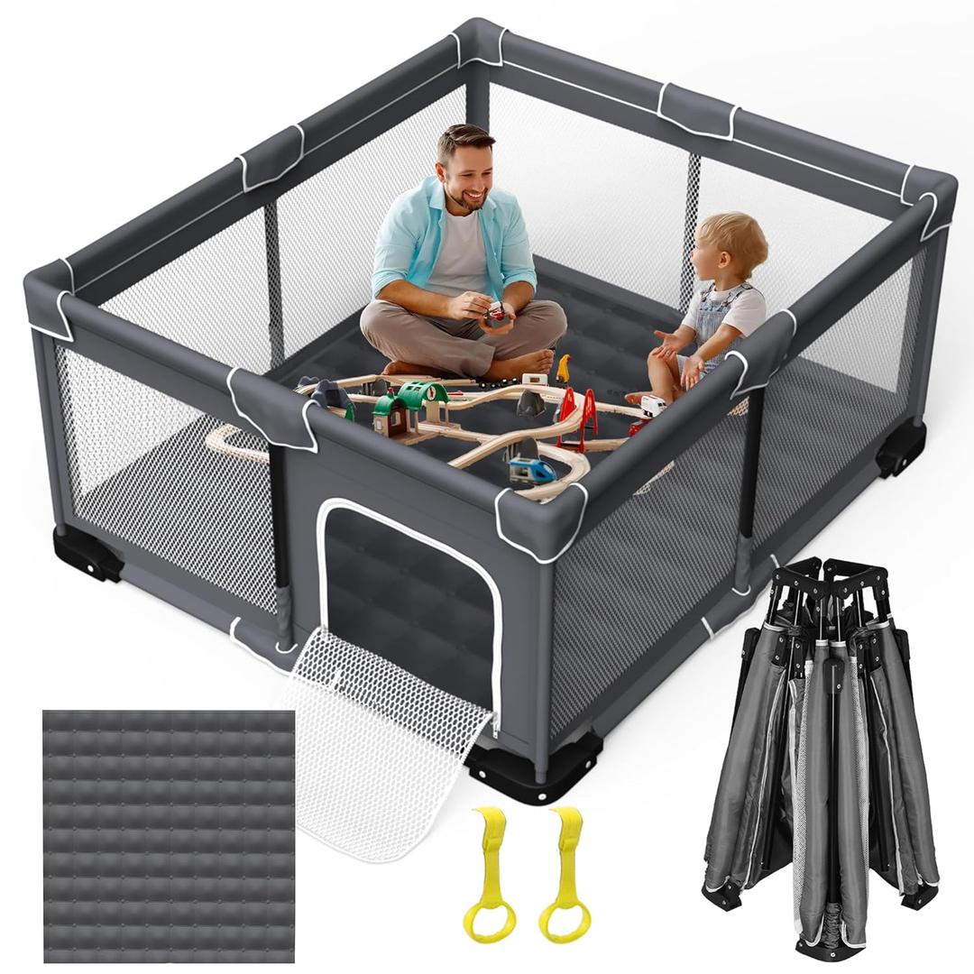 Foldable Baby Playpen with Mat, Large Foldable Playpen for Babies and Toddlers, Folding Portable Kids Play Pen, Collapsible Play Yard with 2 Handles + Suitable Size Mat(Grey, 59x71 inches)